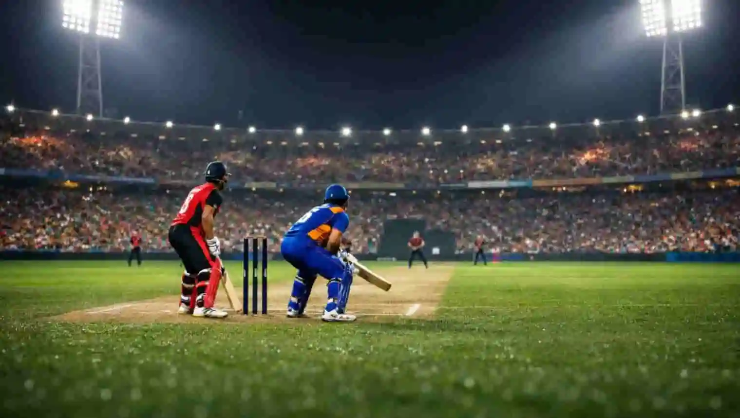 Drukbezocht IPL cricketstadion verlicht bij avondwedstrijd met T20-actie